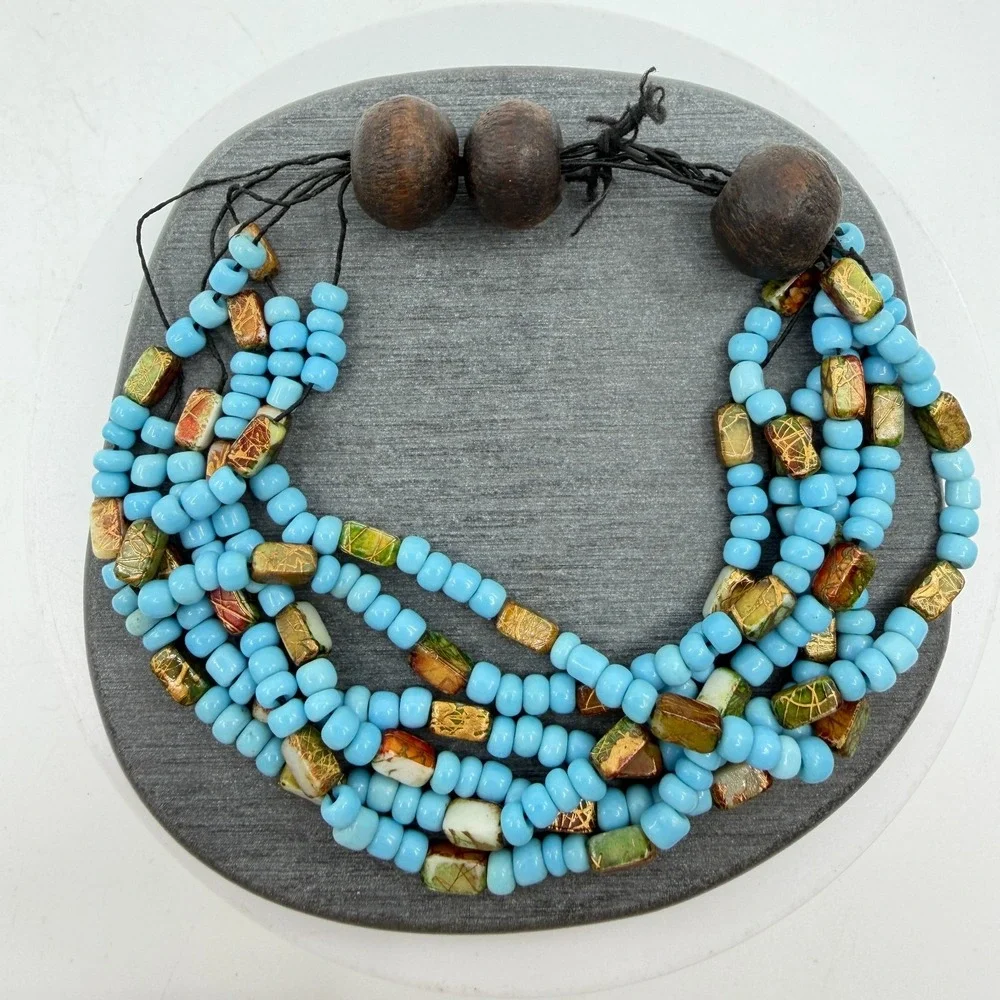 Turquoise & Gold Tone Blue Multi Strand Bead Bracelet Foil Statement Jewelry